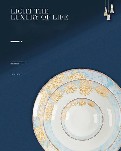Elegant 16-Piece Blue And White Ceramic Dinnerware Set perfect for casual meals or elegant gatherings.