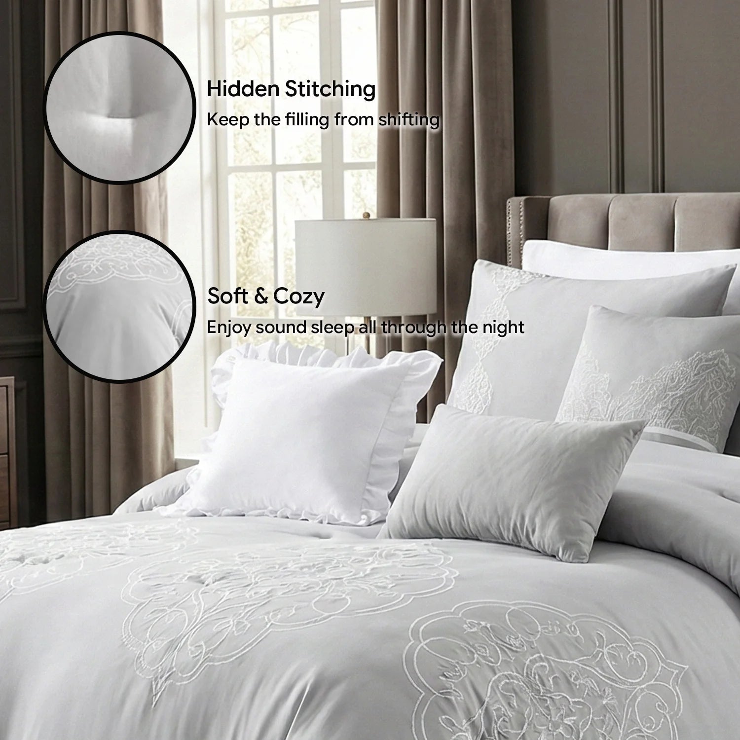 Close-up view of the intricate embroidery on the Queen King Microfiber 6-Piece Comforter Set, Silver Medallion.