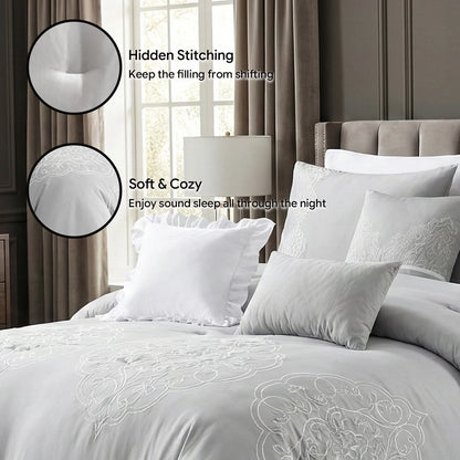 Close-up view of the intricate embroidery on the Queen King Microfiber 6-Piece Comforter Set, Silver Medallion.