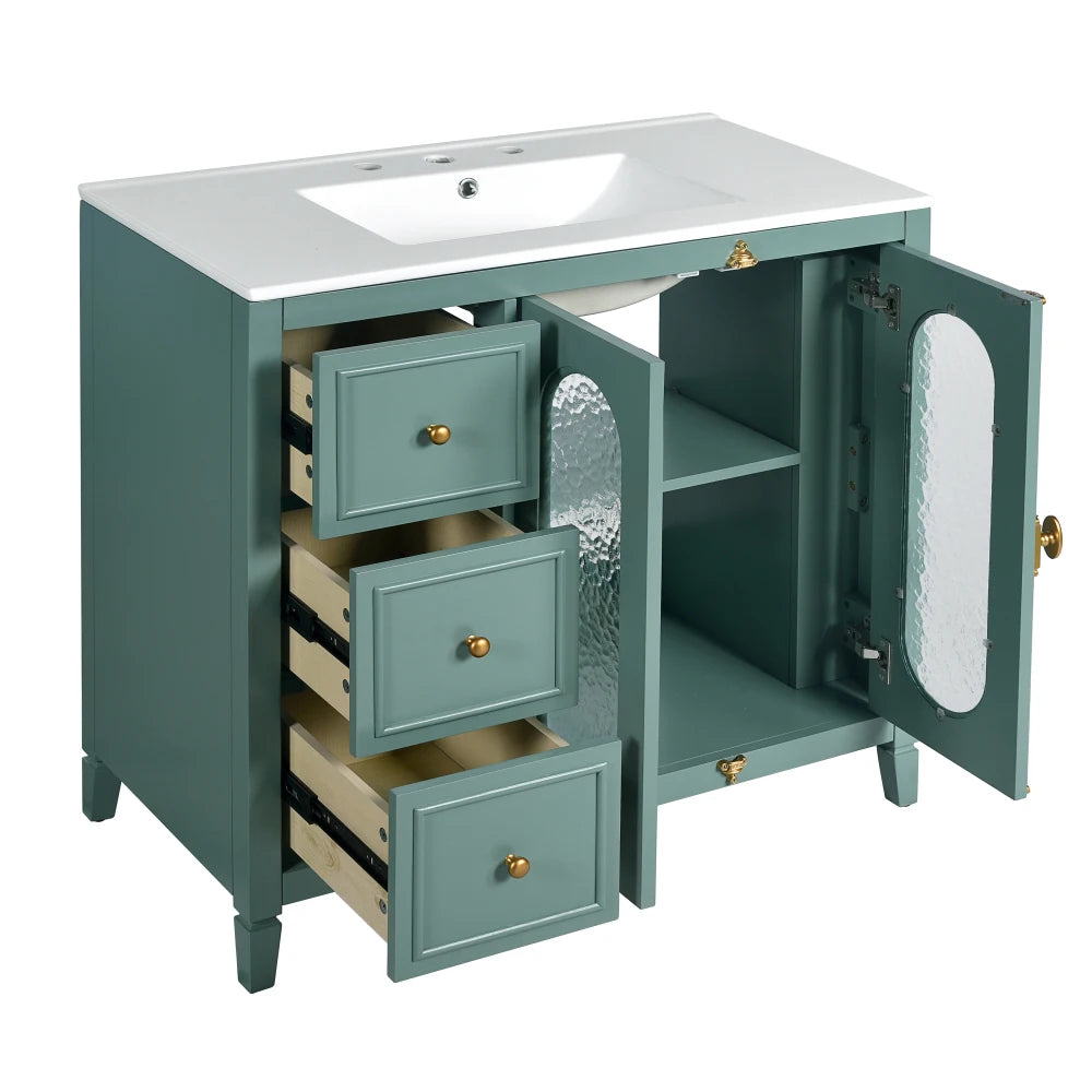 Modern 36" Double Glass Door Bathroom Cabinet w/Undermount Ceramic Sink