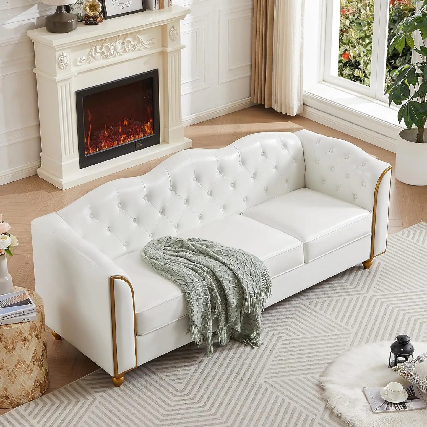 Luxurious White Button Tufted Upholstered Faux Leather Cloud Sofa/Couch