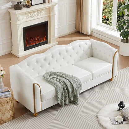 Luxurious White Button Tufted Upholstered Faux Leather Cloud Sofa/Couch