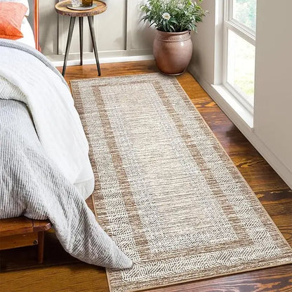 2x6 Brown Geometric Runner Rug, Washable Non-Slip with distressed geometric pattern and bordered design