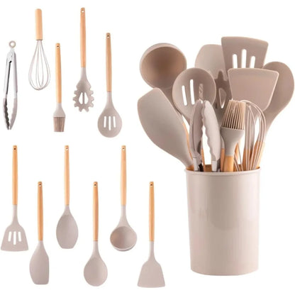12-Piece Silicone Kitchen Utensil Set with Wooden Handles for Non-Stick Cookware, silicone kitchen utensil set with heat-resistant heads