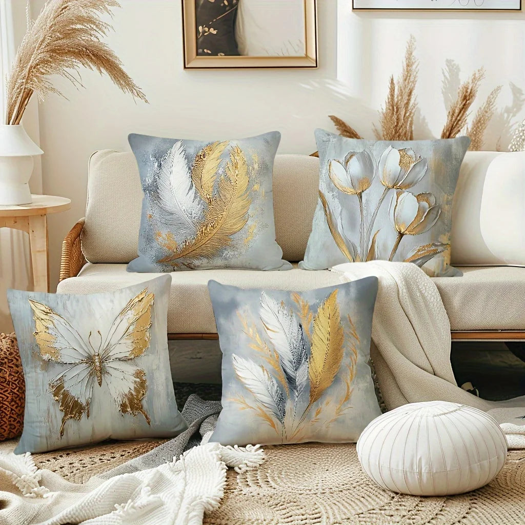 Set of 4 Gold Feather and Butterfly Bohemian Throw Pillow Covers, 17.7-Inch Decorative Cushion Cases displayed as gold butterfly pillow covers