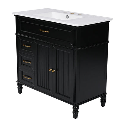 Freestanding 36" Black  Bathroom Vanity w/Retro Gold Handles & Ceramic Sink