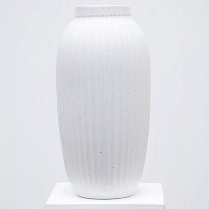 Decorative Indoor Speckled White Ribbed Ceramic Vase