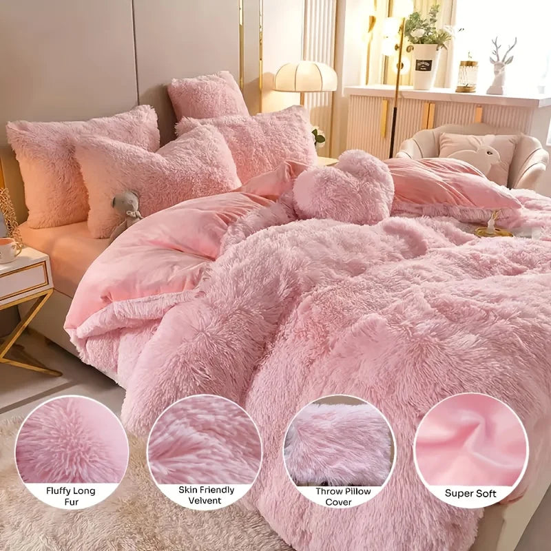 Elegant Faux Fur Duvet Cover showing the hidden zipper closure and corner ties that ensure secure duvet insert placement.