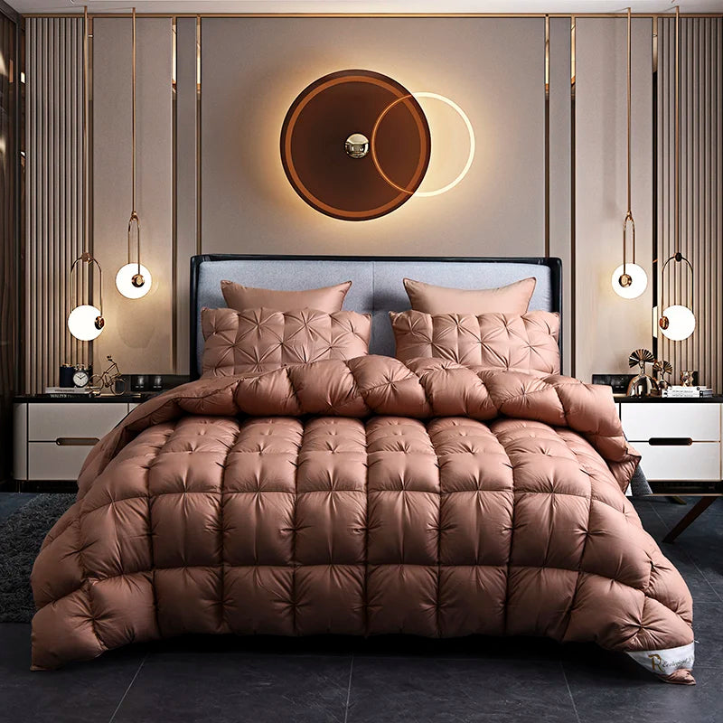 Luxurious White Goose Down Comforter with elegant pinch pleated details, perfect for elevating bedroom style.
