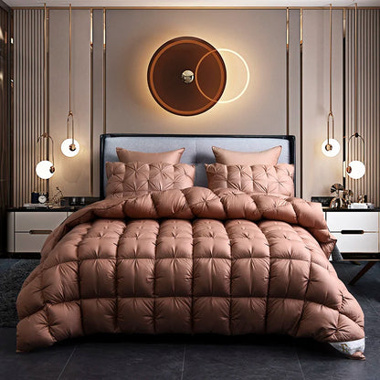 Luxurious White Goose Down Comforter with elegant pinch pleated details, perfect for elevating bedroom style.
