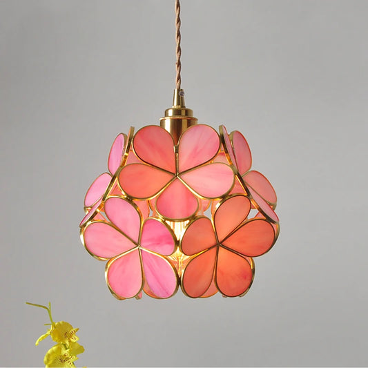 Luxurious Glass Flower Petal Hanging Pendant Light w/a Brass Finish 