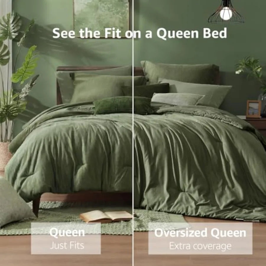 Close-up of the olive green comforter from the 7 piece bed in a bag set, highlighting the plush filling and quality fabric.