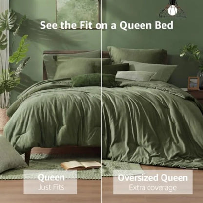 Close-up of the olive green comforter from the 7 piece bed in a bag set, highlighting the plush filling and quality fabric.
