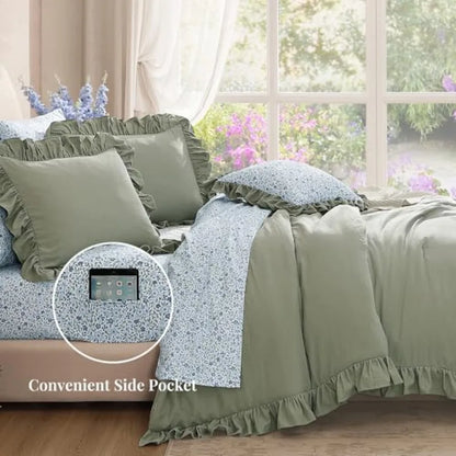 Luxury Sage Green Ruffle Comforter Set – 7-Piece Farmhouse Bedding with Sheets, Soft Elegant All-Season Bed Set