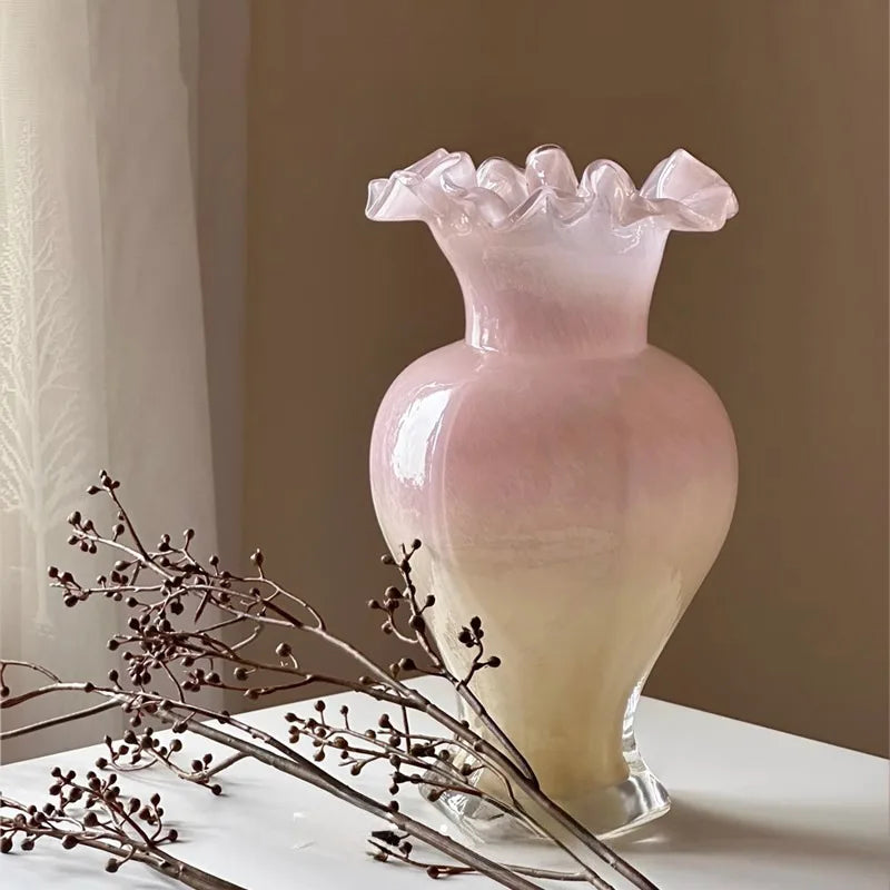 Vintage 24Cm Opalescent Ruffled Edged Fenton Glass Vase in Pink and White showcasing its elegant design.