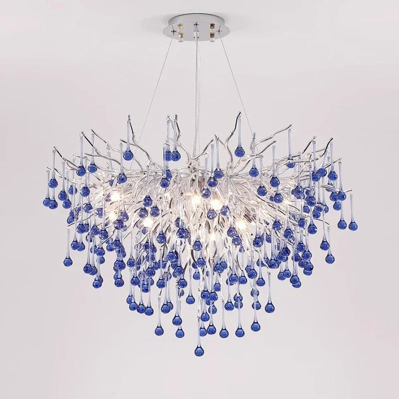 Luxury Chrome Branch  &  Silver Blue Crystal Ceiling Chandelier
