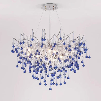 Luxury Chrome Branch  &  Silver Blue Crystal Ceiling Chandelier