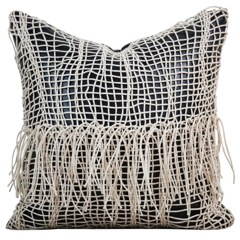 Tillbaka Faux Leather Throw Pillow Cover - Modern Minimalist Woven Hollow Design, close-up of the woven black faux leather pillow cover