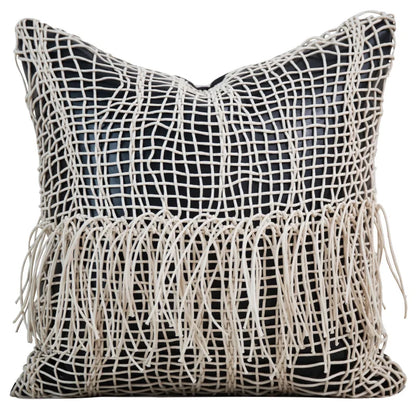 Tillbaka Faux Leather Throw Pillow Cover - Modern Minimalist Woven Hollow Design, close-up of the woven black faux leather pillow cover