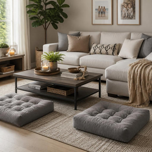 22x22 Corduroy Floor Pillows, Set of 2, Grey Memory Foam styled in a cozy neutral reading nook