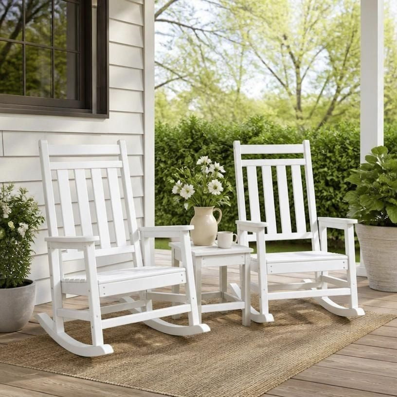 3-Piece HDPE Adirondack Rocking Chair Set with Side Table, outdoor rocking chair set styled for a welcoming coastal porch