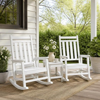 3-Piece HDPE Adirondack Rocking Chair Set with Side Table, outdoor rocking chair set styled for a welcoming coastal porch