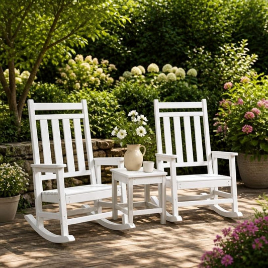 3-Piece HDPE Adirondack Rocking Chair Set with Side Table, white outdoor rocking chair set for porch seating