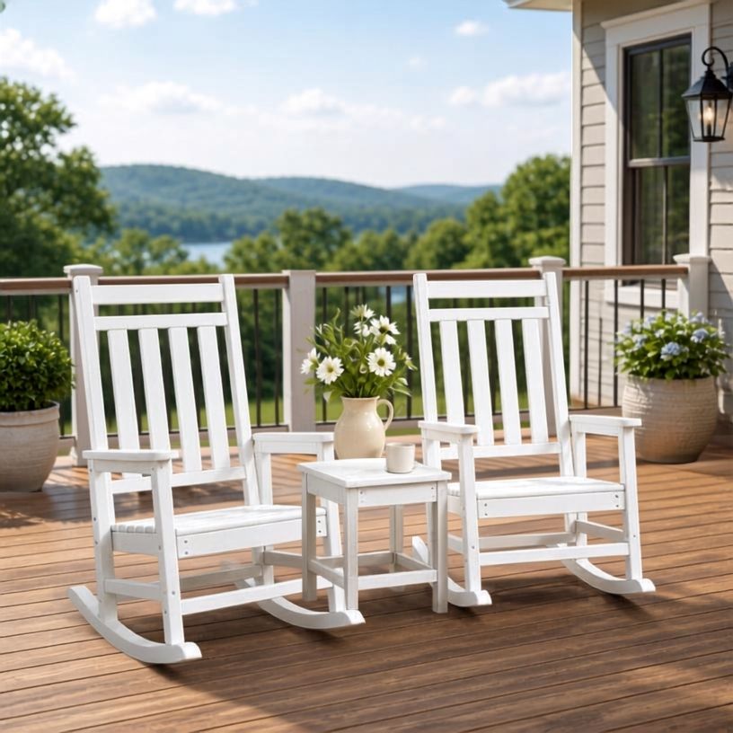 3-Piece HDPE Adirondack Rocking Chair Set with Side Table, relaxing white outdoor rocking chair set for fireside and garden seating