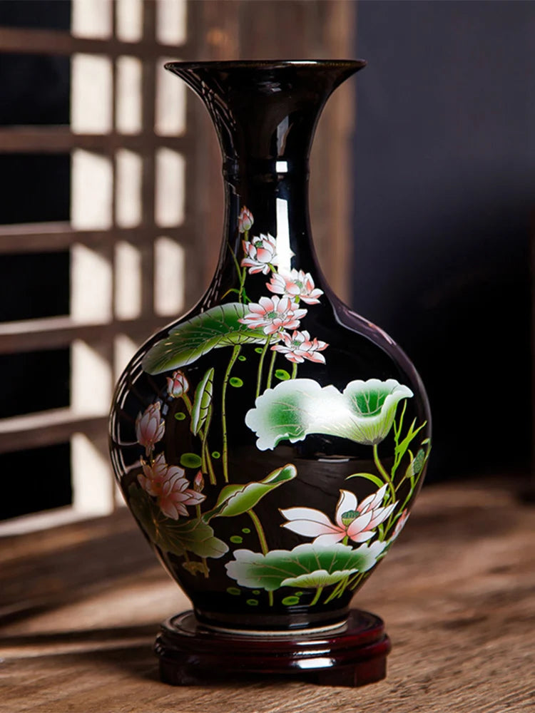 Elegant Chinese-Style Black Ceramic Vase with Hand-Painted Lotus Flower, showcasing traditional chinese art home decoration.