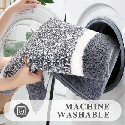 Chic and modern 3-Piece Ultra-Soft Gray Bath Mat Set arranged strategically to enhance a bathroom, an essential for anyone looking for a quality gray bath mat set.