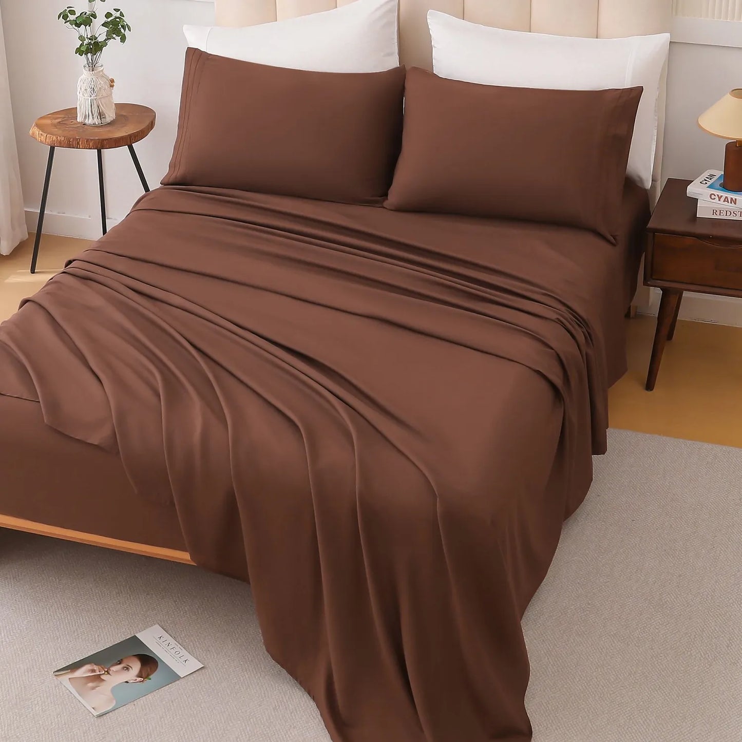 Complete 4-Piece Queen Size Rich Brown Bed Sheet Set