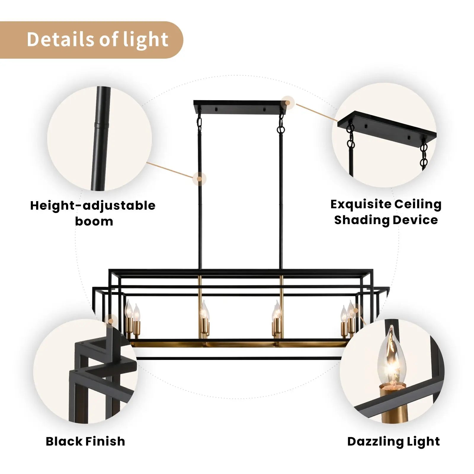 Side view of the Modern Farmhouse 8-Light Linear Chandelier highlighting the durable metal construction and anti-rust finish. A resilient modern farmhouse chandelier that looks great for years.