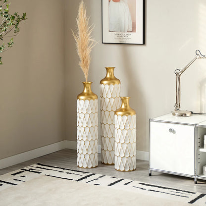White Tall & Slender Metal Cylindrical Floor Vase~Set of 3