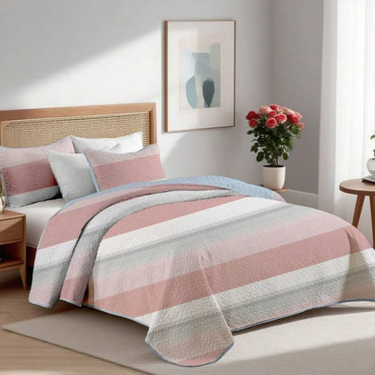 Pink and White Striped Quilt Set, Lightweight All-Season Bedspread with Pillow Shams for Queen & King Beds styled as a lightweight pink striped quilt coverlet