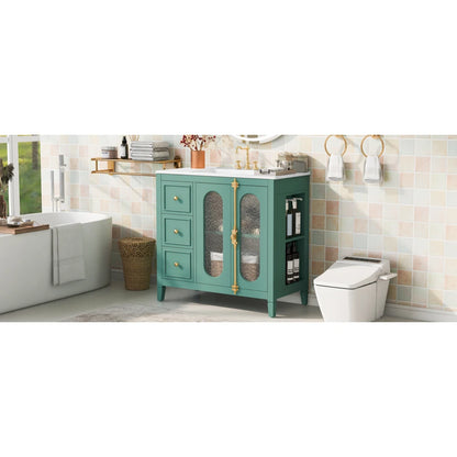 Modern 36" Double Glass Door Bathroom Cabinet w/Undermount Ceramic Sink