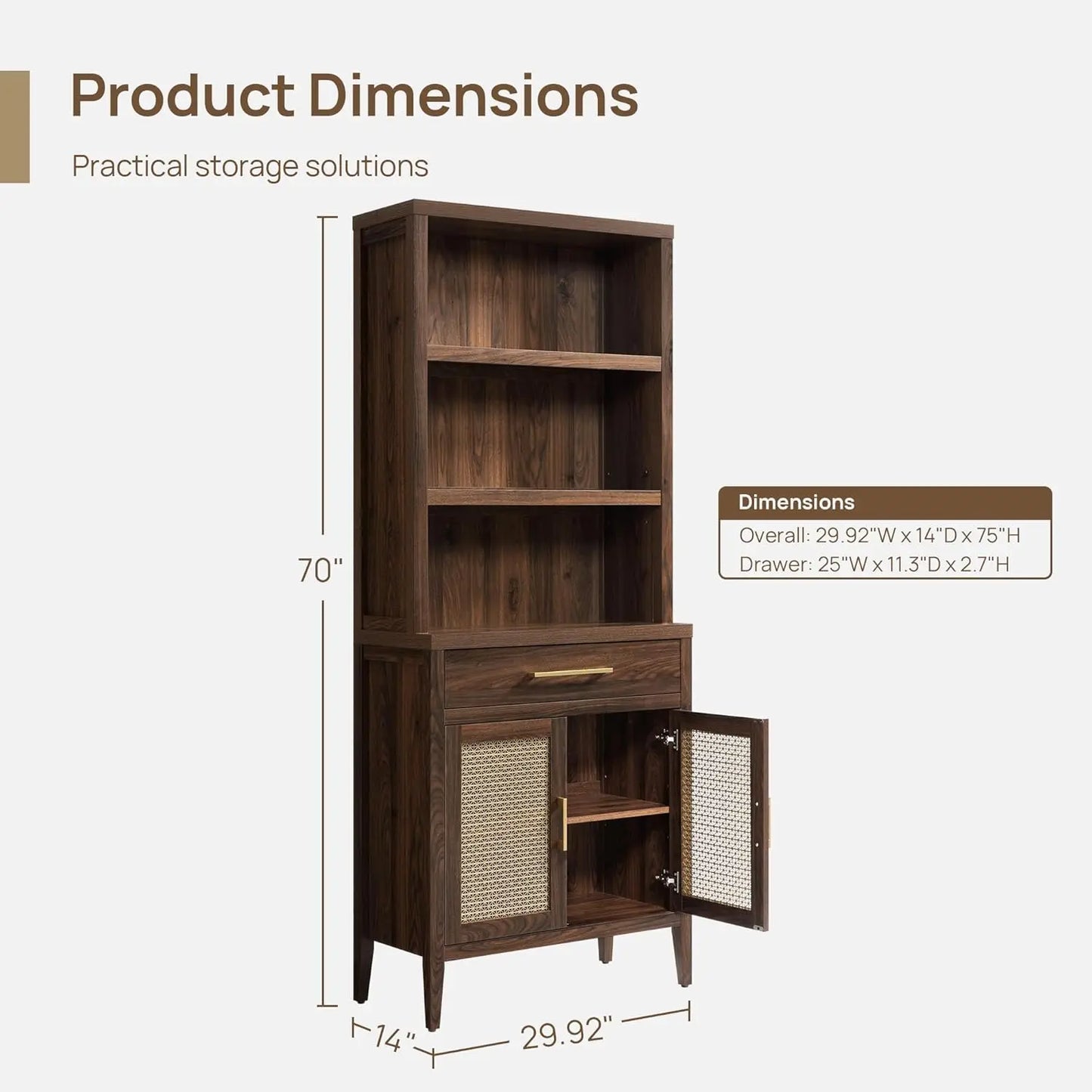 70" Tall 5-Tier Bookshelf w/Storage Cabinets & Drawers