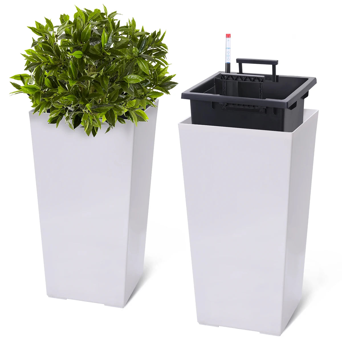 Set of 2 Black 22.5-Inch Self-Watering Tall Square Planters with Water Level Indicator, self-watering planters with water indicator