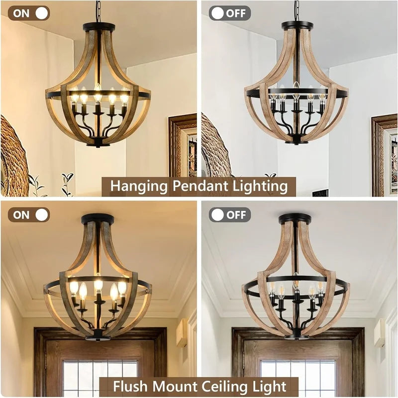 5-Light Farmhouse Lantern Wood Chandelier with a vintage-inspired look, ideal for enhancing living room decor.