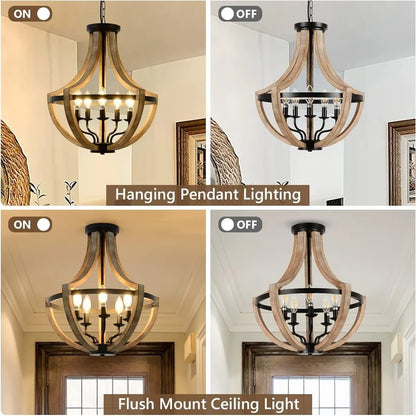 5-Light Farmhouse Lantern Wood Chandelier with a vintage-inspired look, ideal for enhancing living room decor.