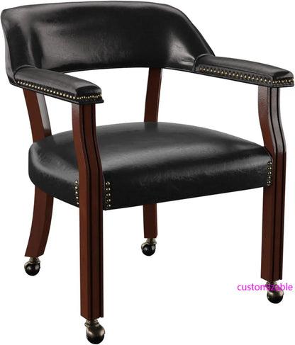 Upholstered Solid Black Arm Dining Chair w/Casters & Nailhead Trim