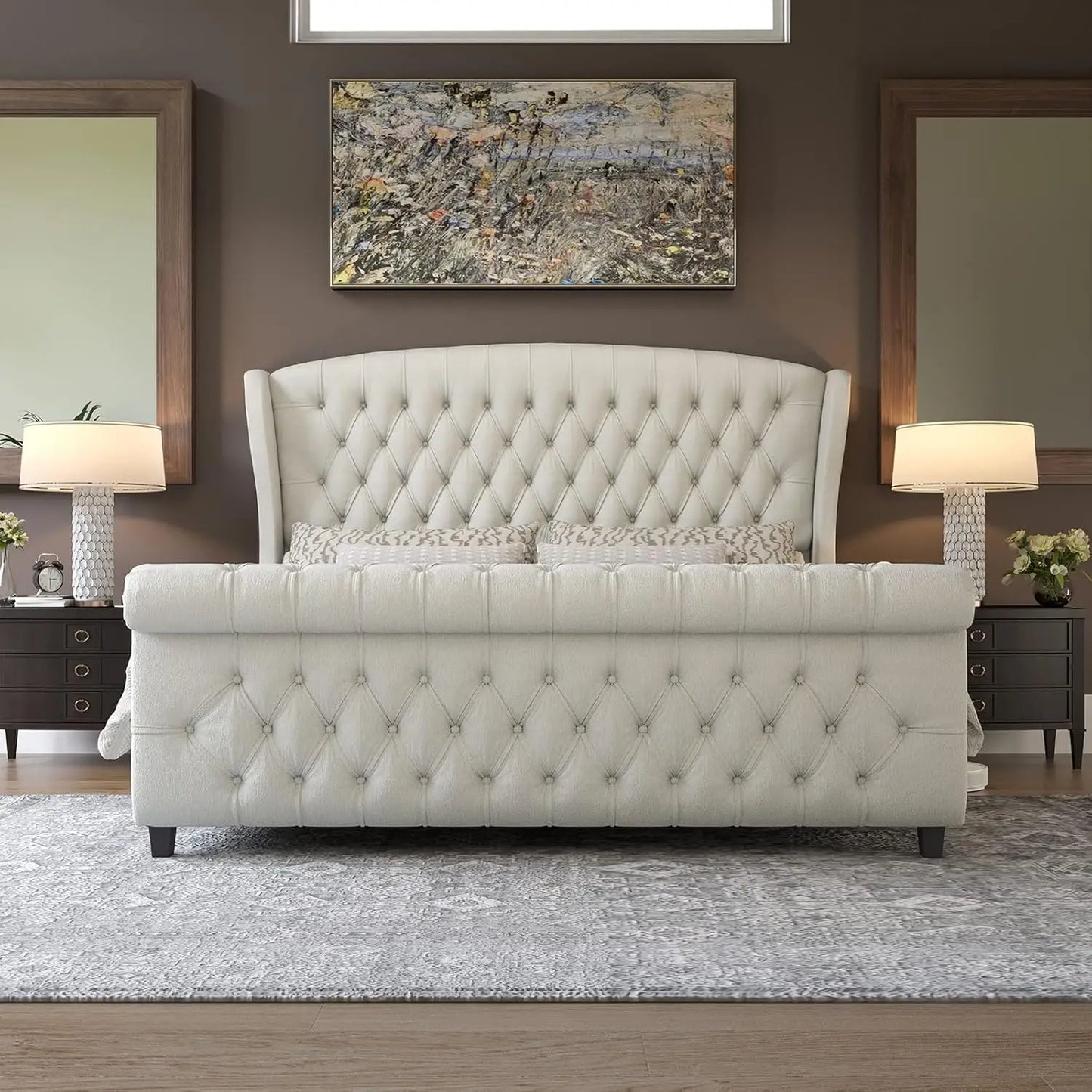 Chenille Upholstered Queen Size Platform Bed Frame