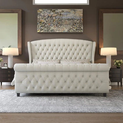 Chenille Upholstered Queen Size Platform Bed Frame