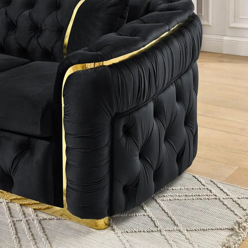 Luxury Black Velvet Button Tufted Sofa w/Gold Stainless Steel Accents
