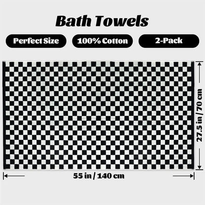 Luxurious Ultra Soft Black and White Checkered Cotton Bath Towel Set of 2