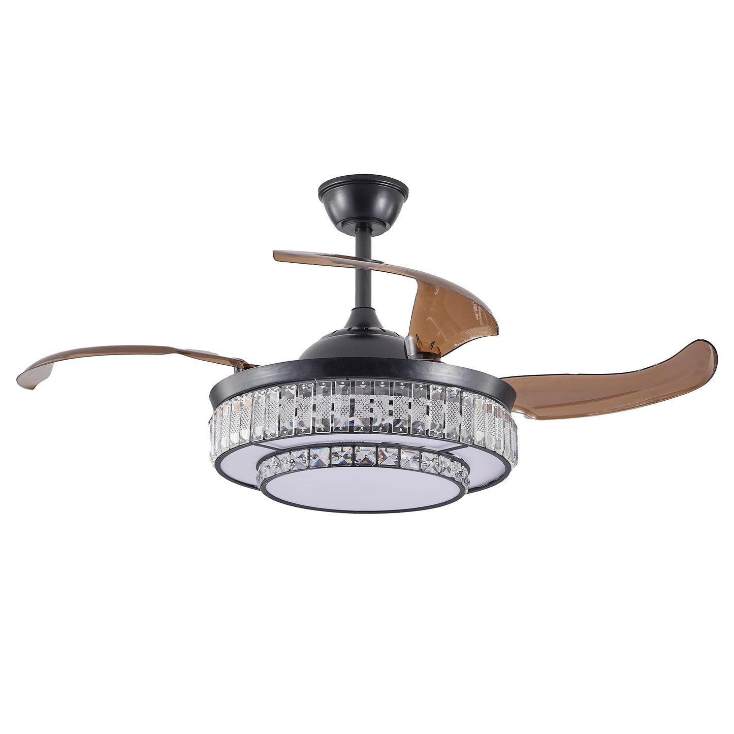 The sleek black body of the 48” Modern Black Retractable Ceiling Fan with Crystal LED Light.