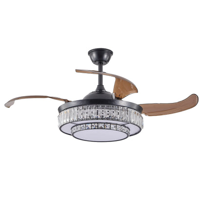 The sleek black body of the 48” Modern Black Retractable Ceiling Fan with Crystal LED Light.