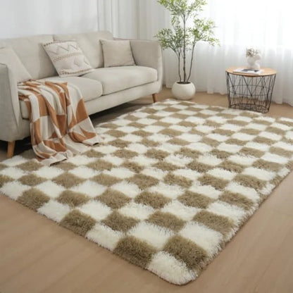 Fluffy & Plush 5' x 8' Beige and White Checkered Area Rug