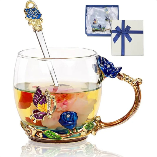 Fancy Butterfly & Rose Glass Tea Cup w/Spoon Gift Box