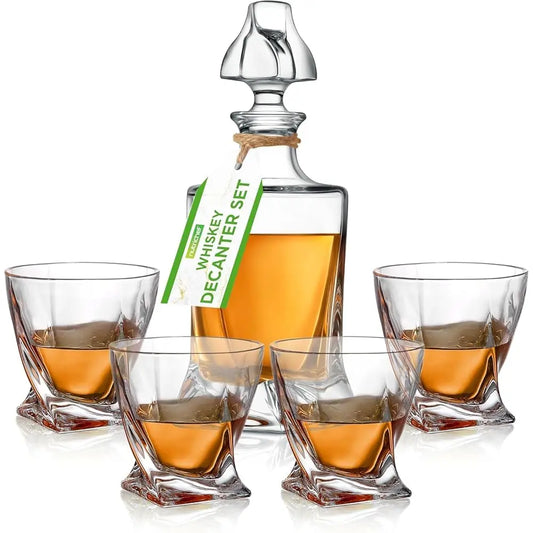 Elegant Crystal Whiskey Decanter Set w/4 BPA Free Glasses