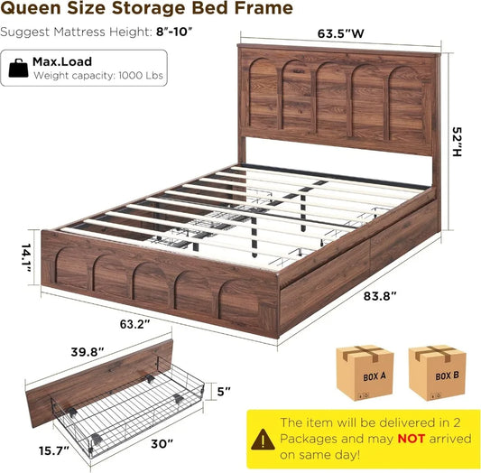 Rustic modern king bed with a solid wood frame and integrated storage drawers, showcasing a beautifully crafted tall headboard for added comfort and style.